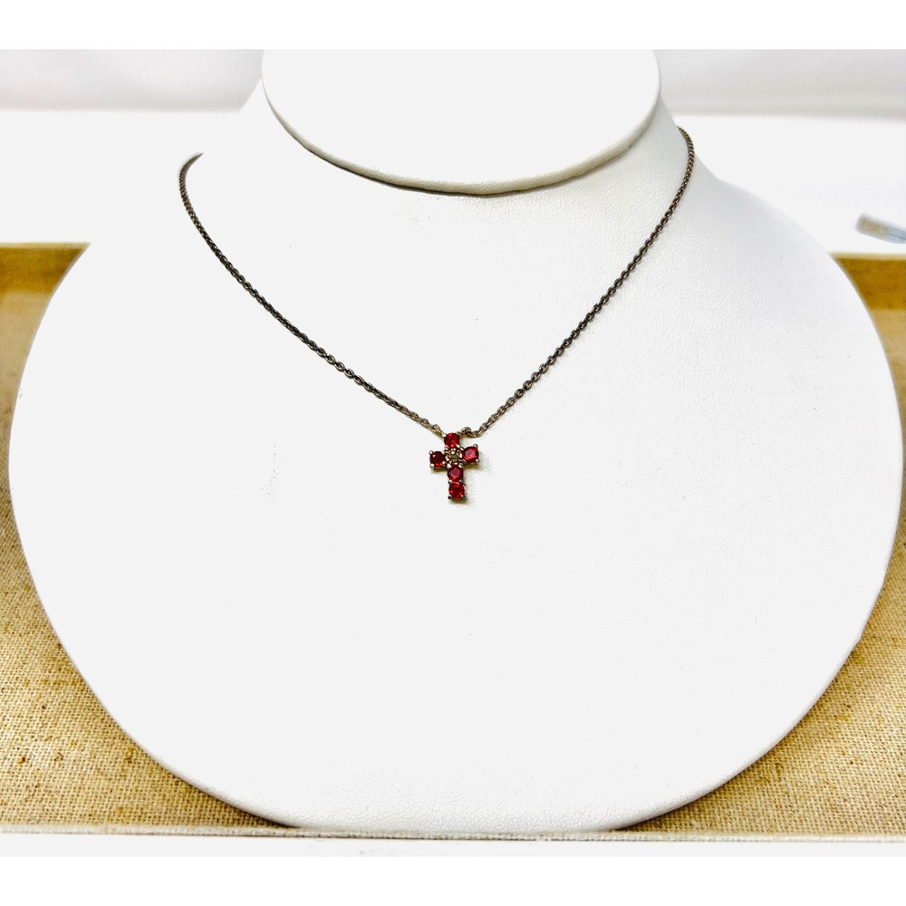 Sterling Silver Red Garnet Tiny Cross Pendant Necklace Religious Jewelry